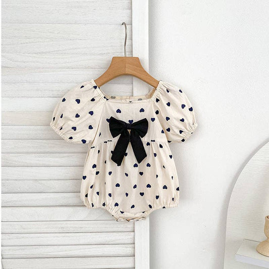 Heart Print Bow Puff Sleeve Girls Dress/Romper: 24M / Romper