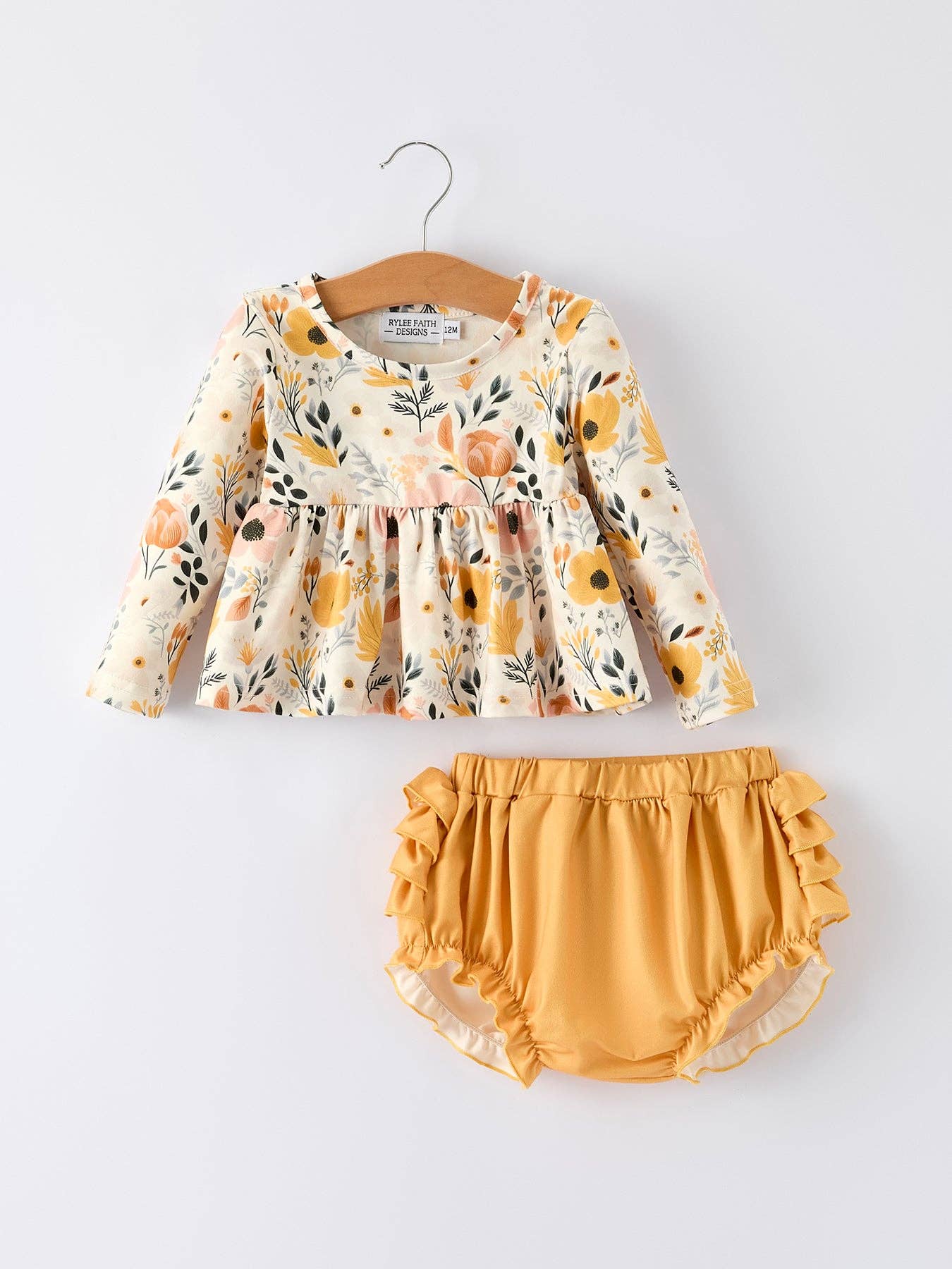 Floral Print Baby Girls Long Sleeve Top with Ruffle Bloomers