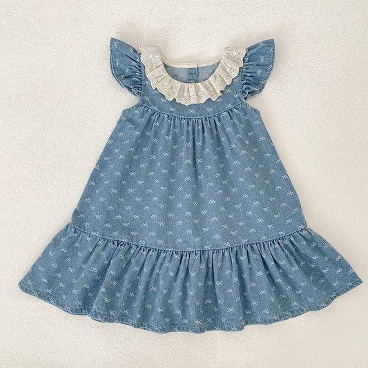 Denim Bow Print Girls Dress Ruffle Sleeve Eyelet Collar-Dark Blue/Light Blue: Light Blue / 4