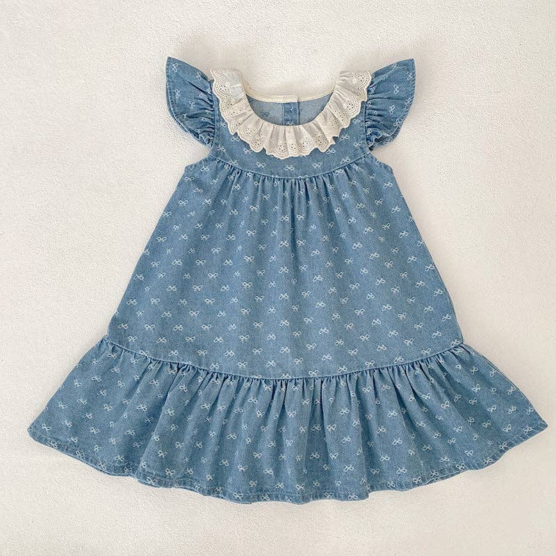 Denim Bow Print Girls Dress Ruffle Sleeve Eyelet Collar-Dark Blue/Light Blue: Light Blue / 2