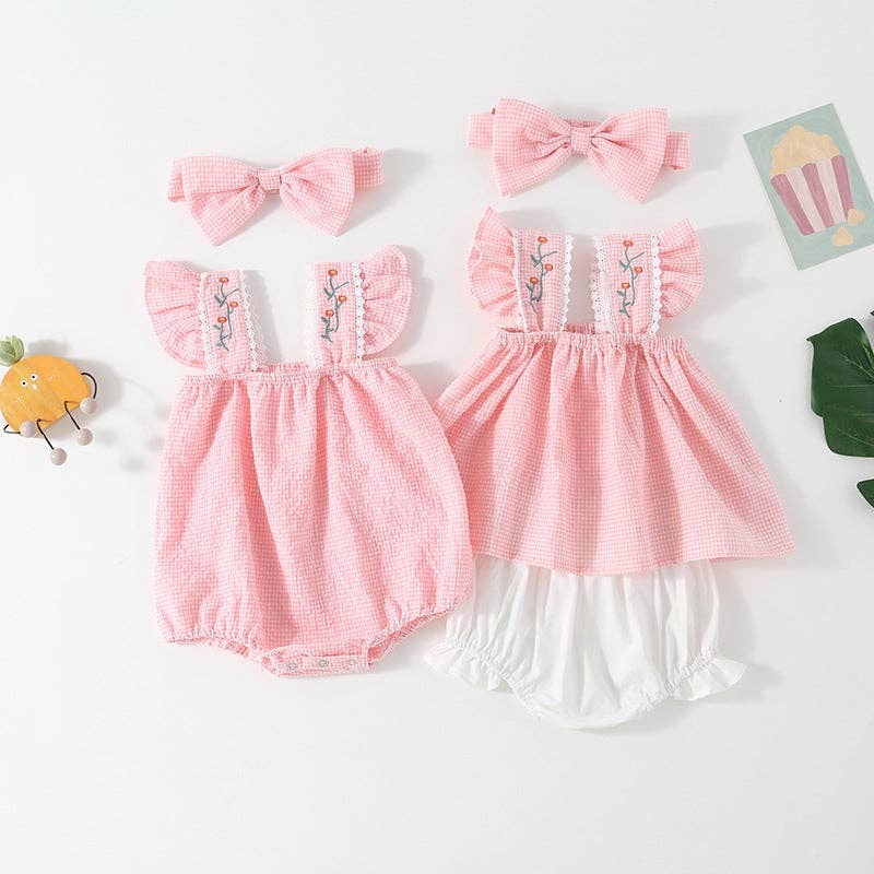 Summer Plaid Baby Embroidered Ruffle Romper Set With Headband: 12M / Romper