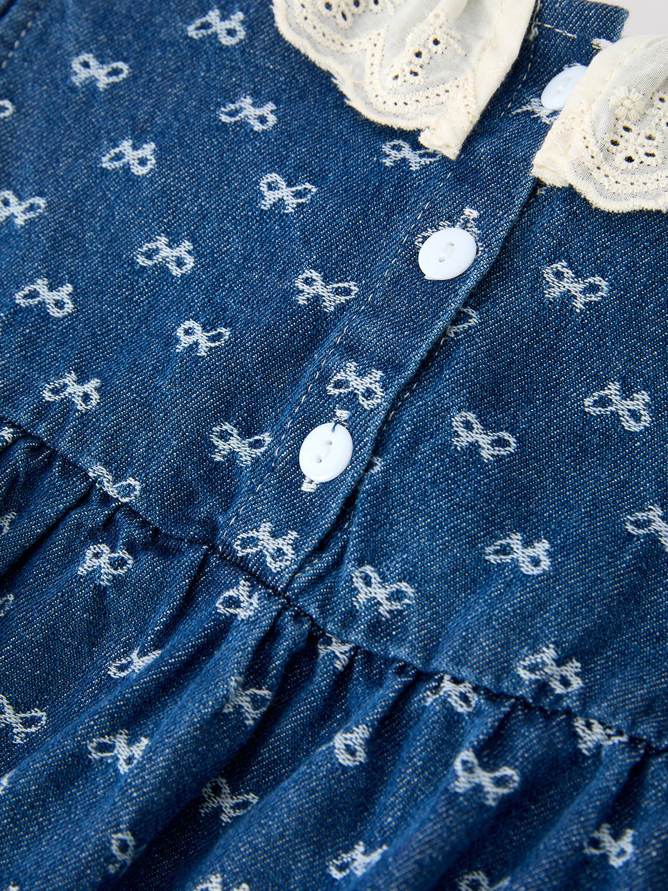 Denim Bow Print Girls Romper Ruffle Sleeve Eyelet Collar: Light Blue / 24M