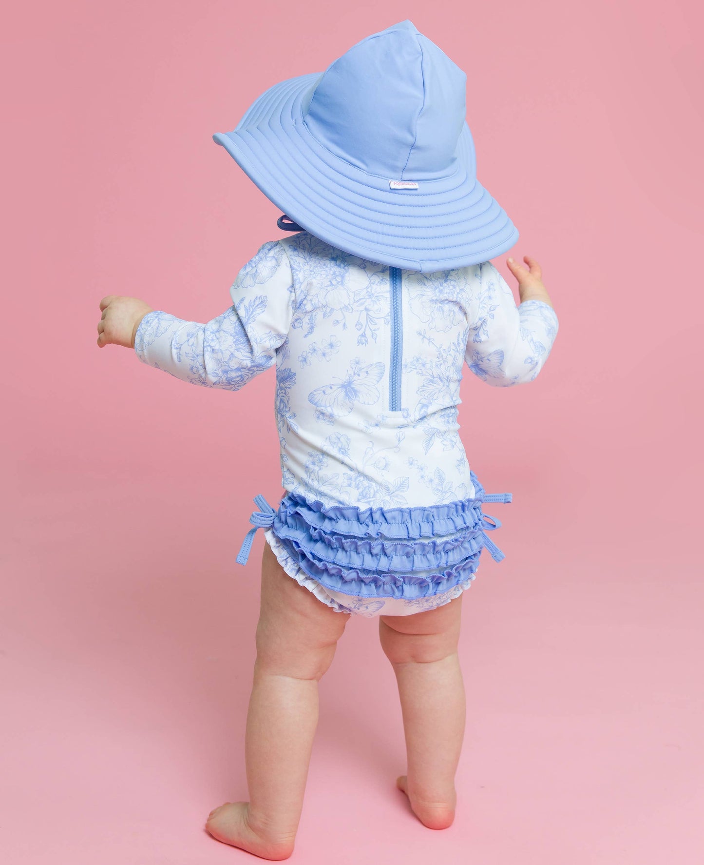 Baby Girls Periwinkle Butterfly Garden Long Sleeve One Piece Rash Guard Swimsuit with Signature Rear Ruffles