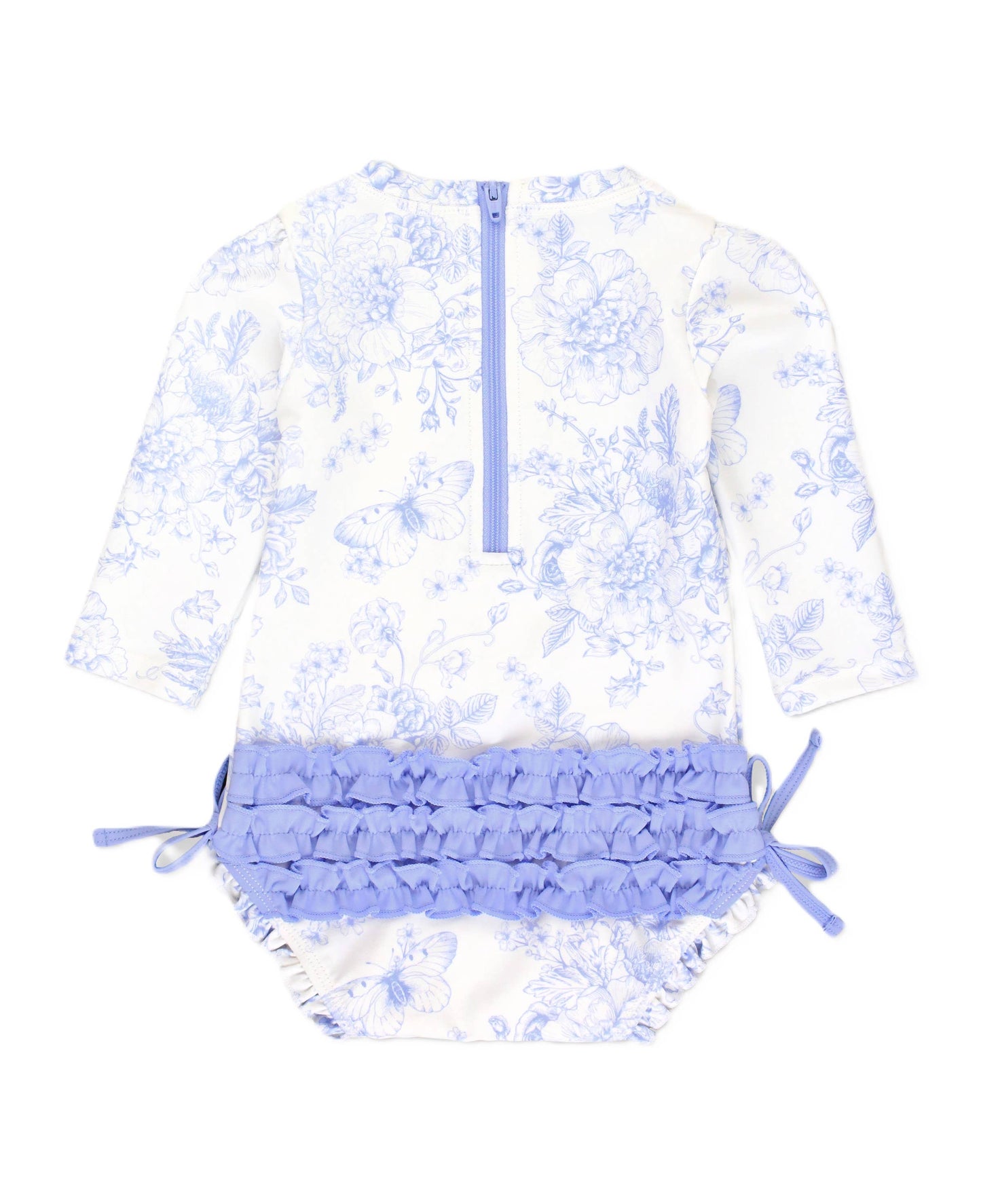 Baby Girls Periwinkle Butterfly Garden Long Sleeve One Piece Rash Guard Swimsuit with Signature Rear Ruffles