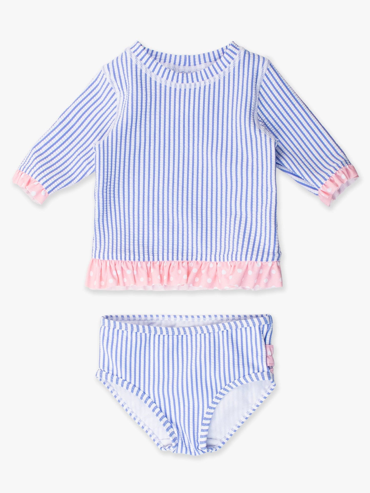 Girls Periwinkle Blue Seersucker Short Sleeve Ruffle Rash Guard 2-Piece Swimsuit with Signature Rear Ruffles