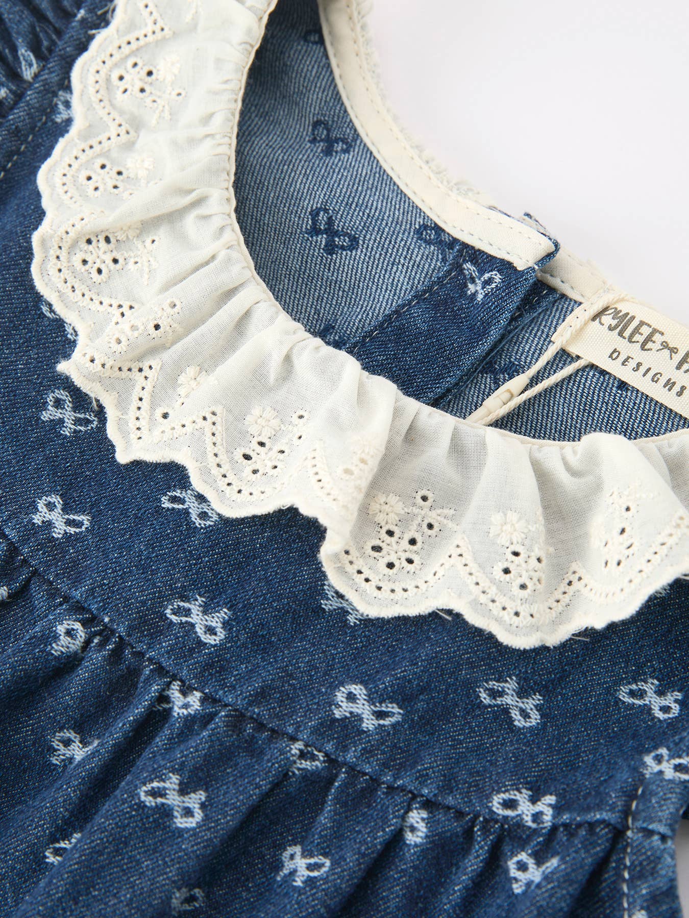 Denim Bow Print Girls Dress Ruffle Sleeve Eyelet Collar-Dark Blue/Light Blue: Light Blue / 5