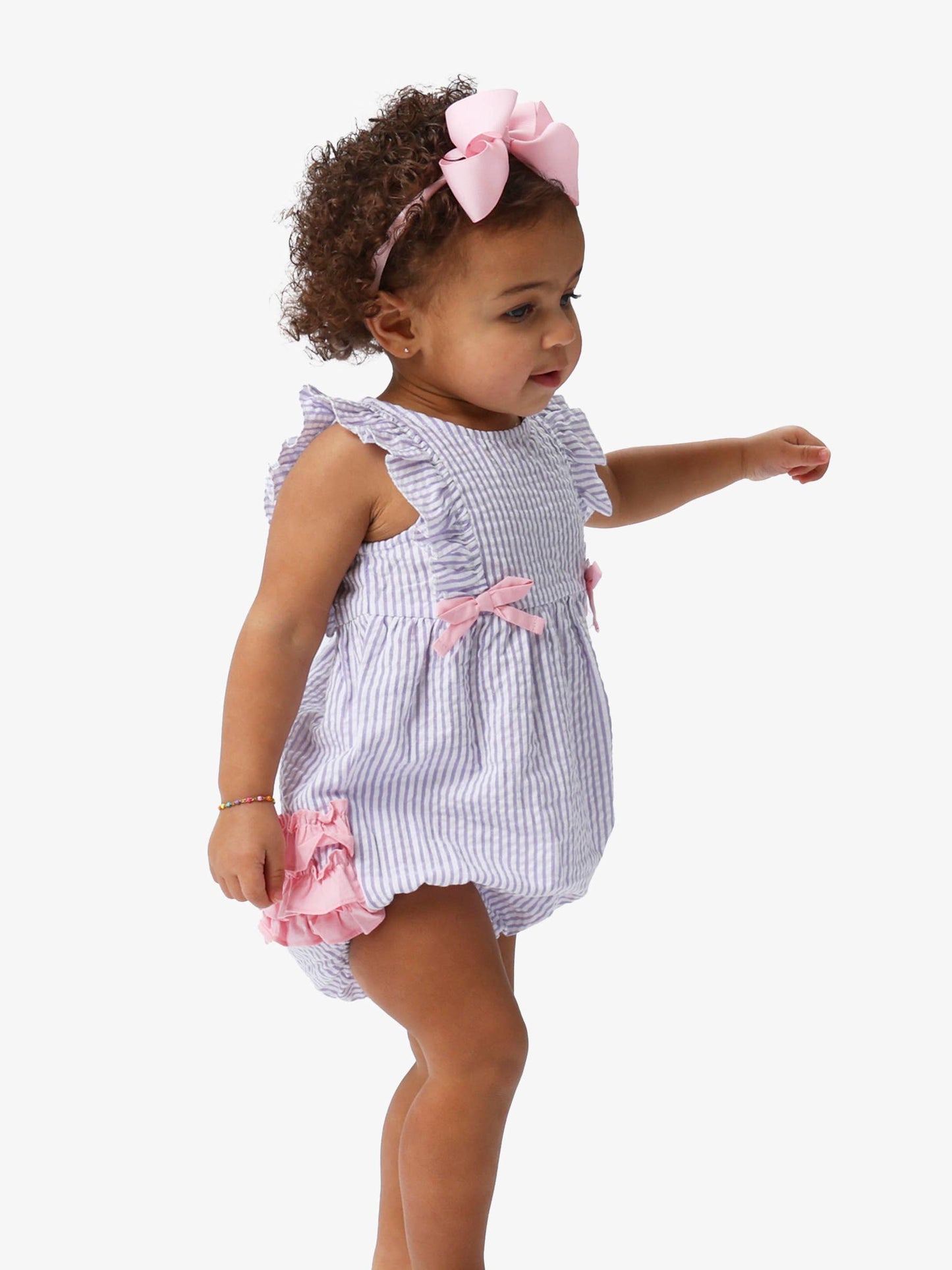 Baby Girls Wisteria Purple Signature Seersucker Classic Ruffle Bubble Romper