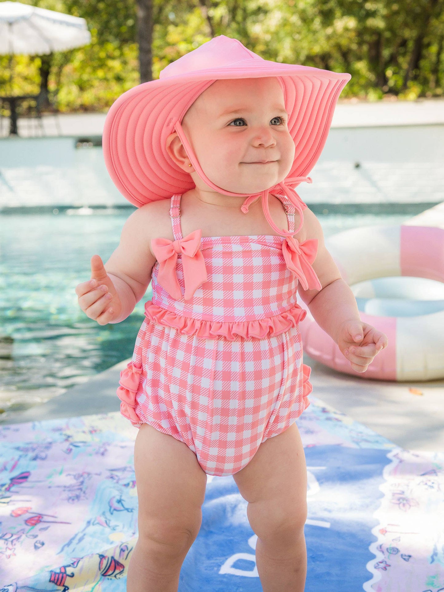 Baby Girls Bubblegum Gingham One Piece Bow Bubble Romper Swimsuit with Signature Rear Ruffles