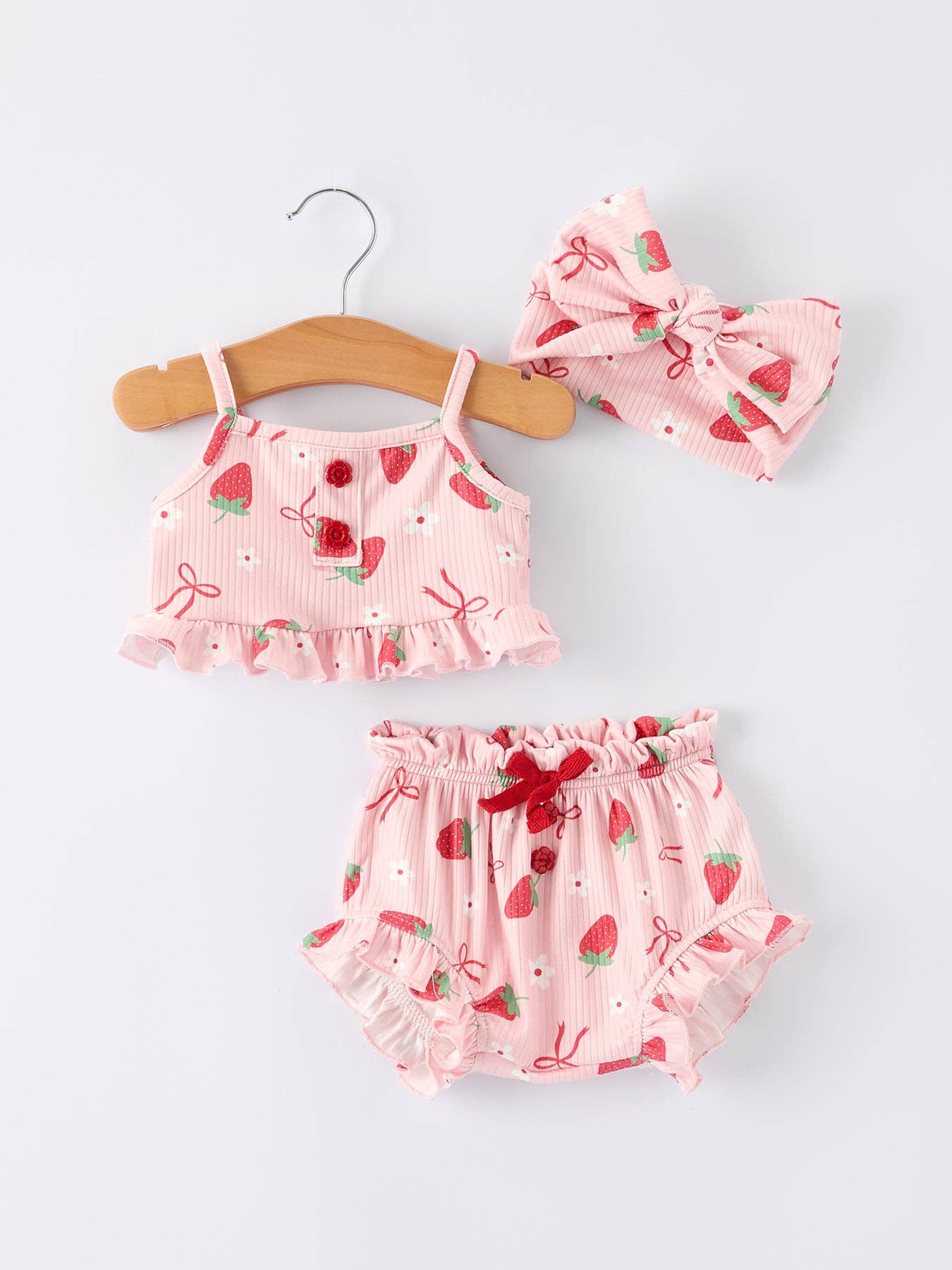 Strawberry Bow Baby Girls Short Sleeves Bloomer Set