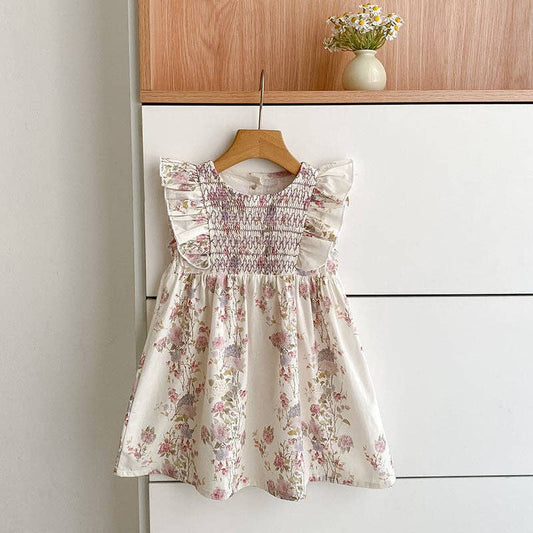 Floral Girls Dress Smocked Ruffle Sleeve