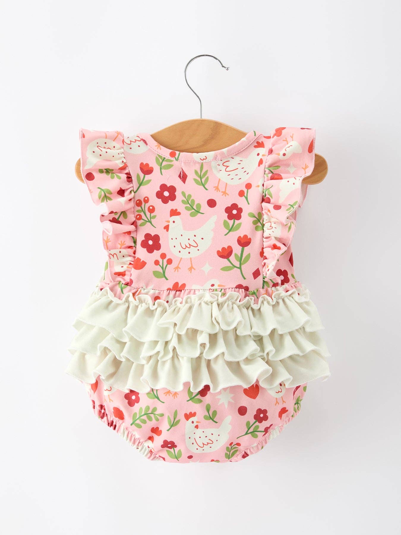 Spring Chicken Floral Girls Romper Bow Ruffle Strap Bubble