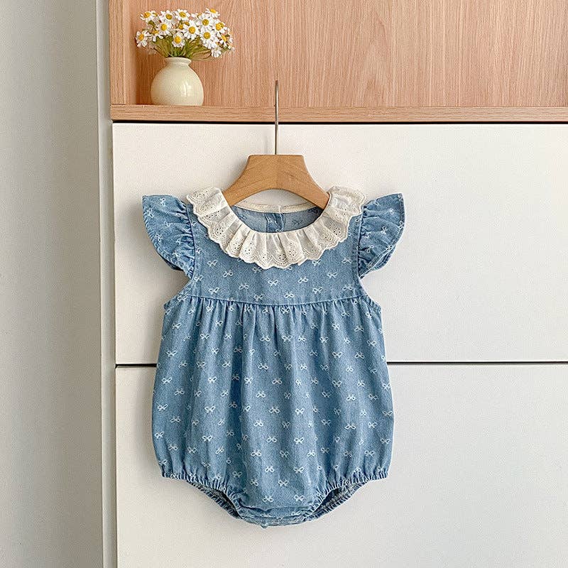 Denim Bow Print Girls Romper Ruffle Sleeve Eyelet Collar: Light Blue / 12M