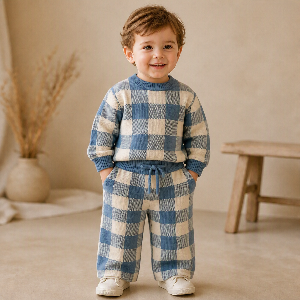 French Blue Gingham Knit Set: 0-6 m.